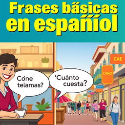 A vibrant, colorful horizontal image depicting everyday scenes such as a coffee shop and a busy street, showcasing daily situations in Spanish