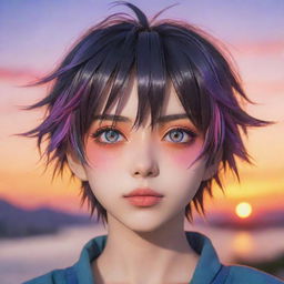 Highly detailed anime style character with vibrant colors and expressive eyes against a serene sunset backdrop.