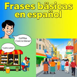 A vibrant, colorful horizontal image depicting everyday scenes such as a coffee shop and a busy street, showcasing daily situations in Spanish