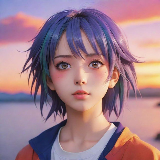 Highly detailed anime style character with vibrant colors and expressive eyes against a serene sunset backdrop.