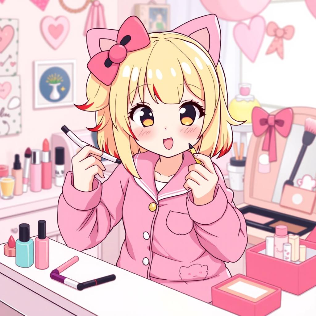 A delightful scene featuring a Sanrio-style character inspired by Hello Kitty, showcasing her with stylish blonde hair accented by vibrant red highlights