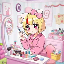 A delightful scene featuring a Sanrio-style character inspired by Hello Kitty, showcasing her with stylish blonde hair accented by vibrant red highlights