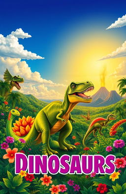 A vibrant and colorful cover design featuring a variety of dinosaurs in a lush prehistoric landscape