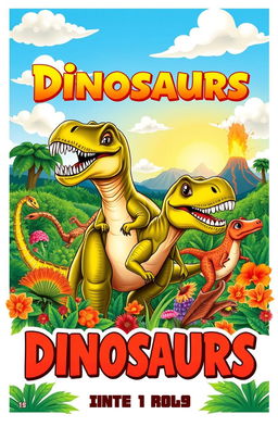 A vibrant and colorful cover design featuring a variety of dinosaurs in a lush prehistoric landscape