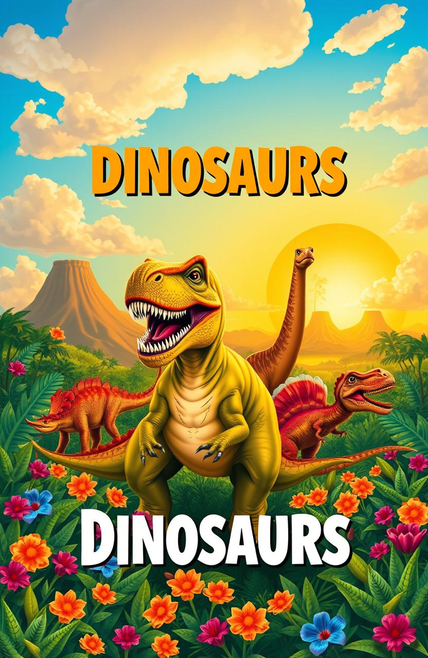 A vibrant and colorful cover design featuring a variety of dinosaurs in a lush prehistoric landscape