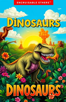 A vibrant and colorful cover design featuring a variety of dinosaurs in a lush prehistoric landscape