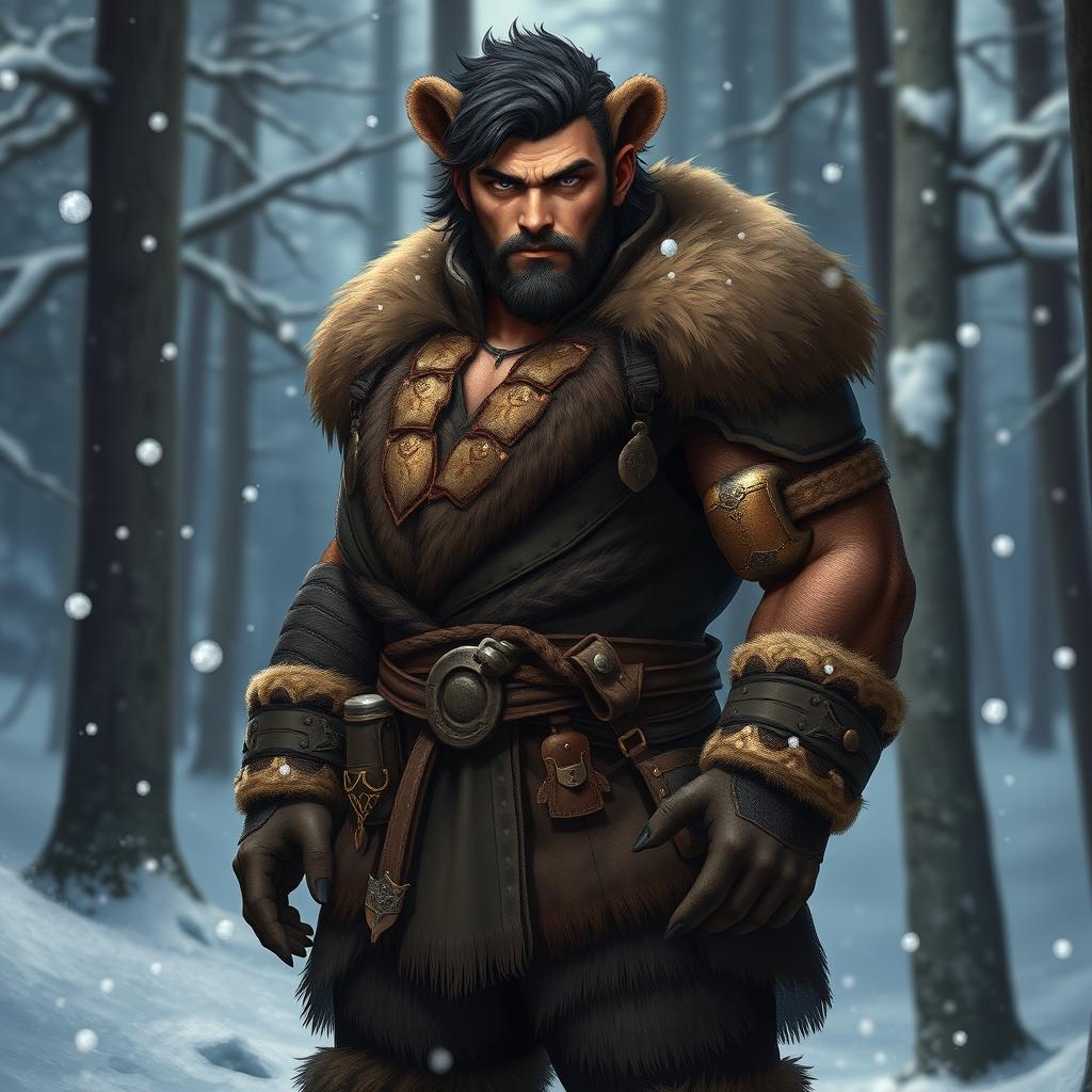 A human male character showcasing bear beastkin heritage, with a strikingly Russian appearance