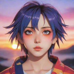 Highly detailed anime style character with vibrant colors and expressive eyes against a serene sunset backdrop.