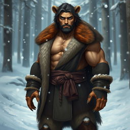 A human male character showcasing bear beastkin heritage, with a strikingly Russian appearance