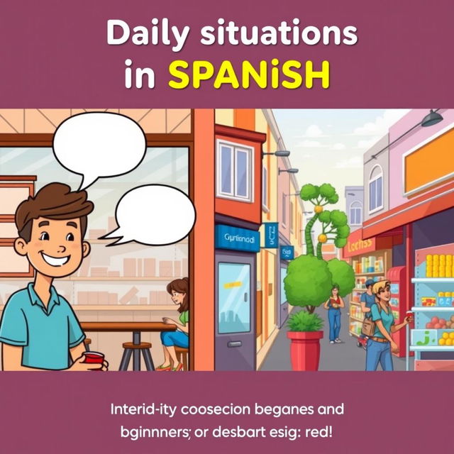 A vibrant and colorful horizontal image showcasing everyday scenes such as a coffee shop, a busy street, and a supermarket, depicting daily situations in Spanish