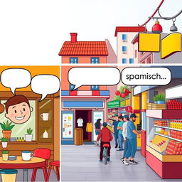 A vibrant and colorful horizontal image showcasing everyday scenes such as a coffee shop, a busy street, and a supermarket, depicting daily situations in Spanish