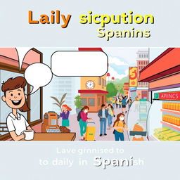 A vibrant and colorful horizontal image showcasing everyday scenes such as a coffee shop, a busy street, and a supermarket, depicting daily situations in Spanish