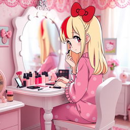 A charming scene showcasing a Sanrio-inspired character resembling Hello Kitty, styled with beautiful blonde hair accented by striking red highlights