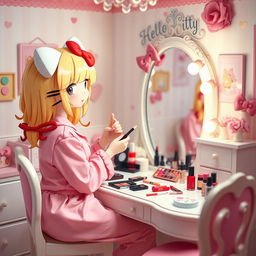 A charming scene showcasing a Sanrio-inspired character resembling Hello Kitty, styled with beautiful blonde hair accented by striking red highlights