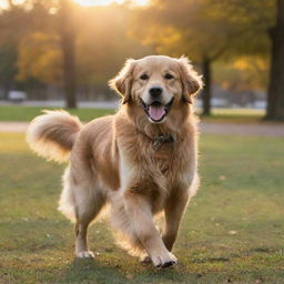 A fluffy and playful Golden Retriever dog happily wagging its tail in a beautifully lit park at sunset.