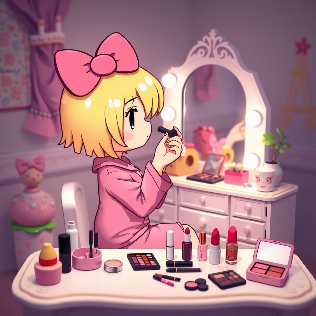 A charming scene showcasing a Sanrio-inspired character resembling Hello Kitty, styled with beautiful blonde hair accented by striking red highlights