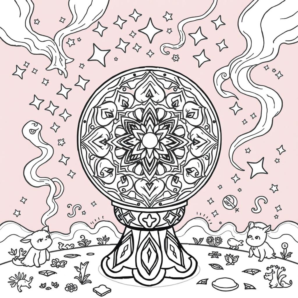 A whimsical coloring page featuring a mystical magic ball