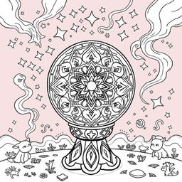 A whimsical coloring page featuring a mystical magic ball