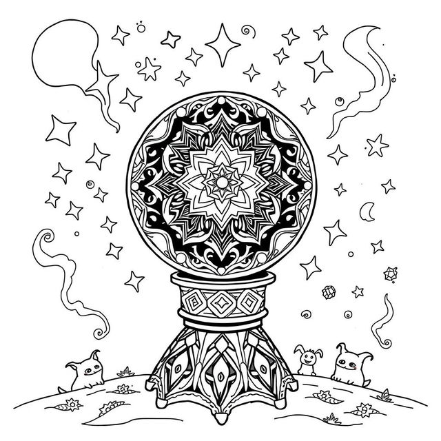 A whimsical coloring page featuring a mystical magic ball