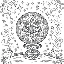 A whimsical coloring page featuring a mystical magic ball