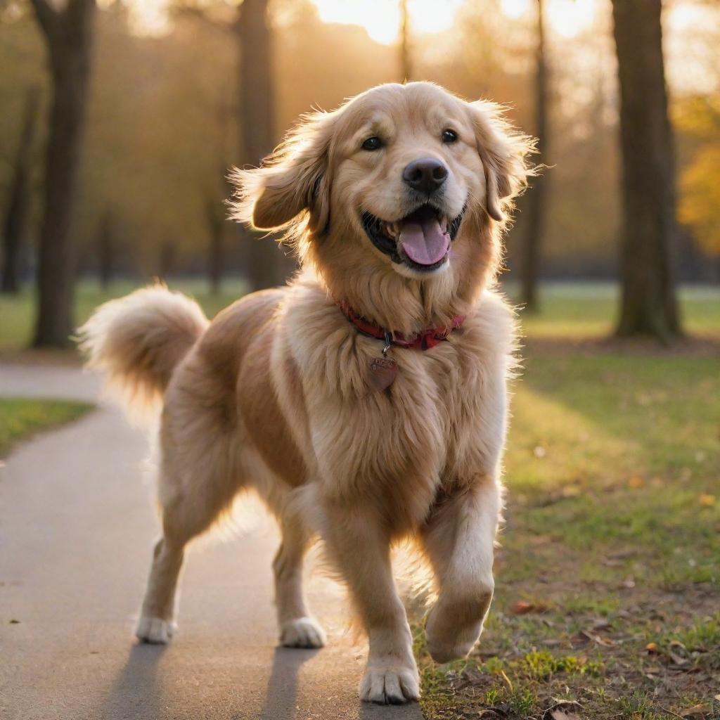 A fluffy and playful Golden Retriever dog happily wagging its tail in a beautifully lit park at sunset.