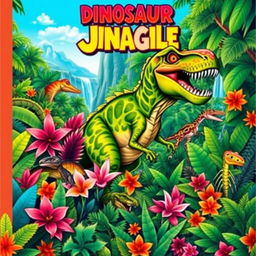 A vibrant, colorful cover design featuring a dinosaur set in a lush, wild jungle environment