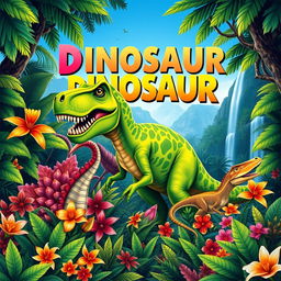 A vibrant, colorful cover design featuring a dinosaur set in a lush, wild jungle environment