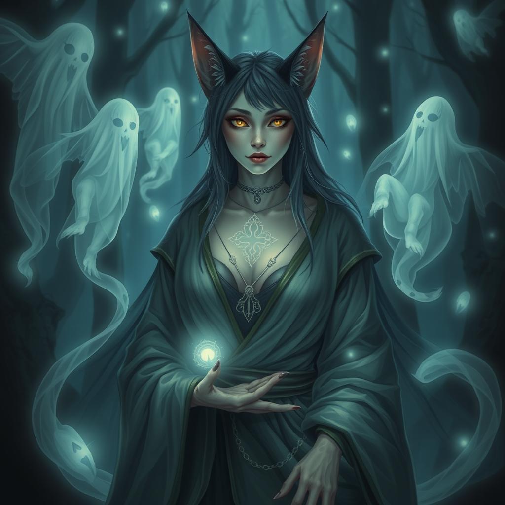 A female catfolk oracle with a blend of human and feline features, showcasing her healing abilities while being surrounded by ethereal ghosts that whisper around her, reflecting her haunted state