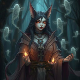 A female catfolk oracle with a blend of human and feline features, showcasing her healing abilities while being surrounded by ethereal ghosts that whisper around her, reflecting her haunted state