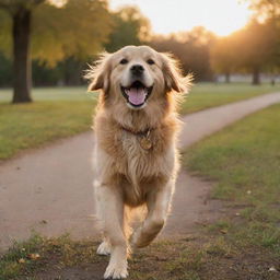 A fluffy and playful Golden Retriever dog happily wagging its tail in a beautifully lit park at sunset.