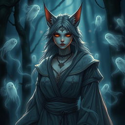 A female catfolk oracle with a blend of human and feline features, showcasing her healing abilities while being surrounded by ethereal ghosts that whisper around her, reflecting her haunted state