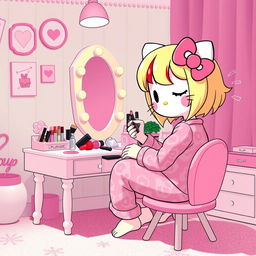 A delightful scene featuring a Sanrio-inspired character resembling Hello Kitty, styled with dirty blonde hair enhanced by bold red highlights