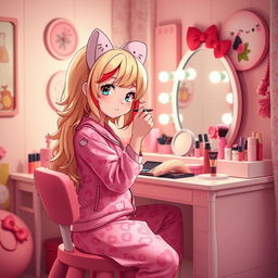 A delightful scene featuring a Sanrio-inspired character resembling Hello Kitty, styled with dirty blonde hair enhanced by bold red highlights