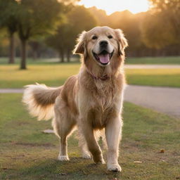 A fluffy and playful Golden Retriever dog happily wagging its tail in a beautifully lit park at sunset.