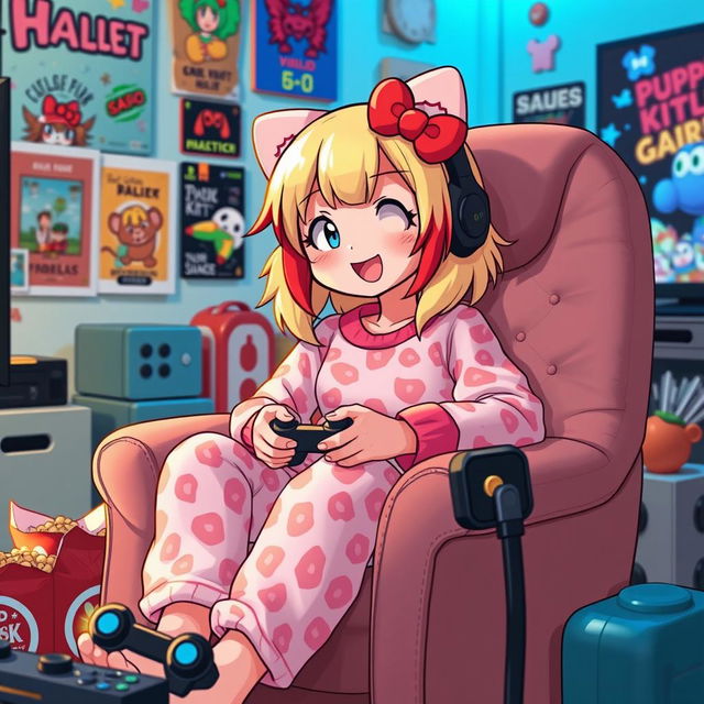 An adorable scene featuring a Sanrio-inspired character resembling Hello Kitty, styled with dirty blonde hair accentuated by vivid red highlights
