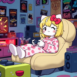 An adorable scene featuring a Sanrio-inspired character resembling Hello Kitty, styled with dirty blonde hair accentuated by vivid red highlights