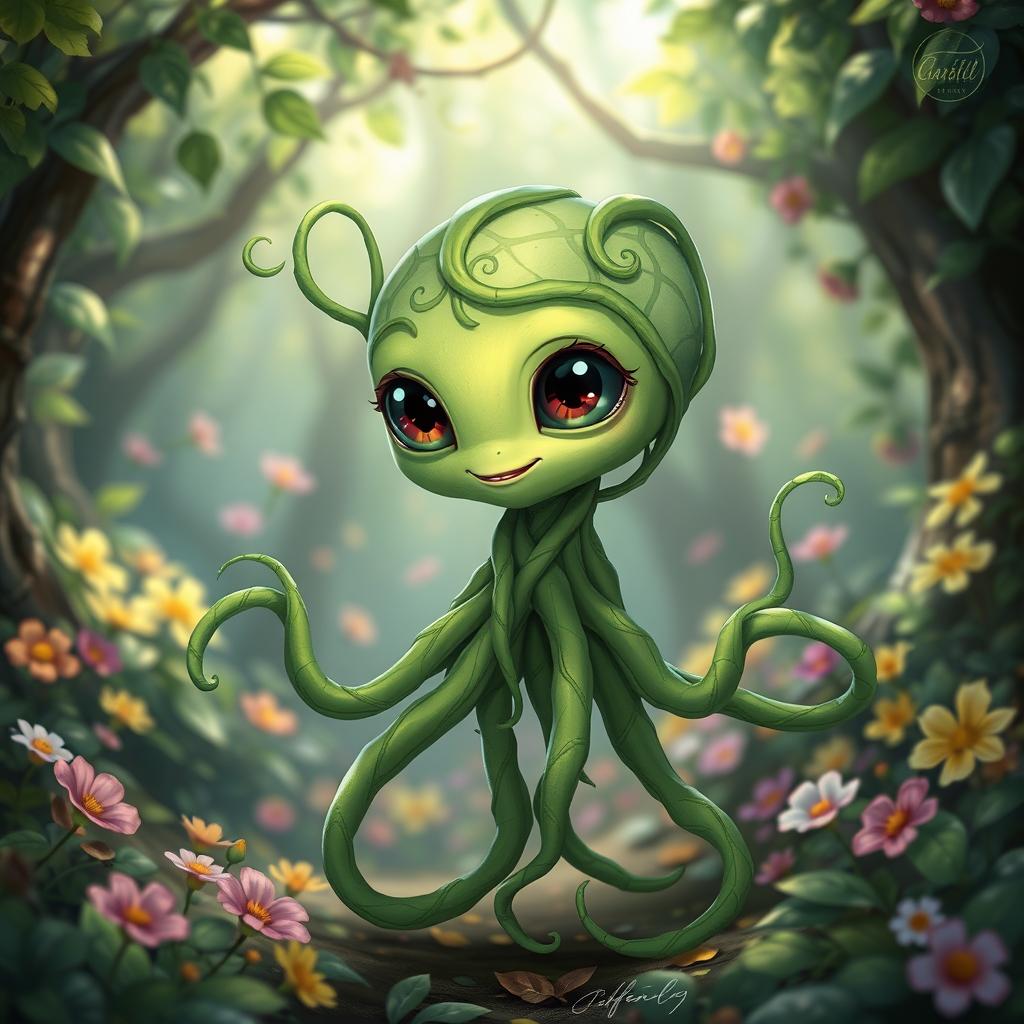 A cute alien-like male vine leshy character, with a body made entirely of intertwining green vines