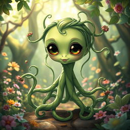 A cute alien-like male vine leshy character, with a body made entirely of intertwining green vines