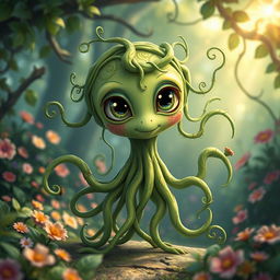 A cute alien-like male vine leshy character, with a body made entirely of intertwining green vines