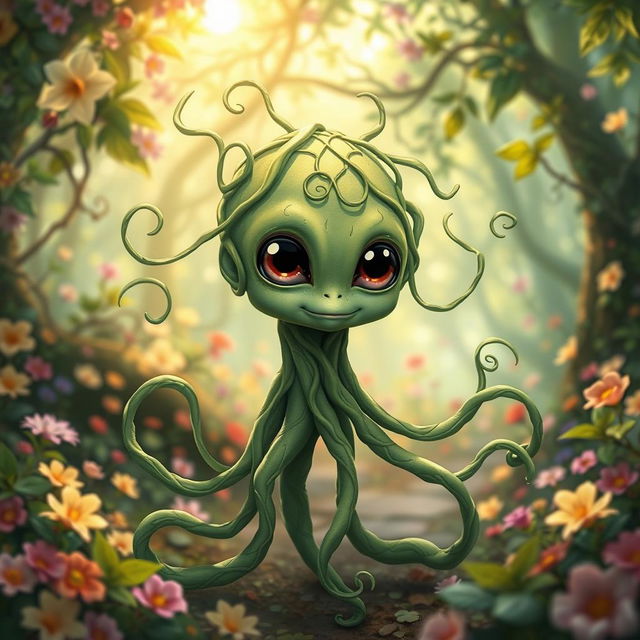 A cute alien-like male vine leshy character, with a body made entirely of intertwining green vines