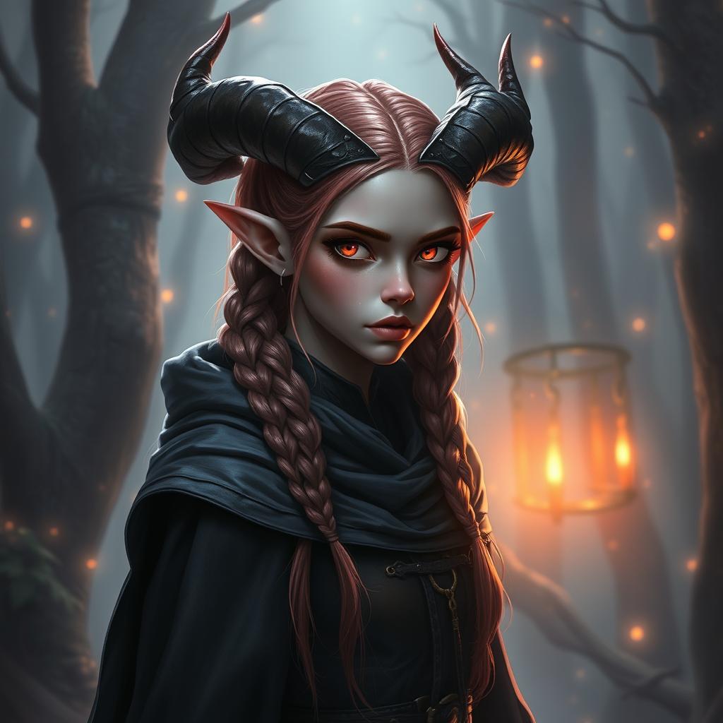 A pale red-skinned tiefling warlock with intricate braids in her hair, wearing a stylish dark cloak