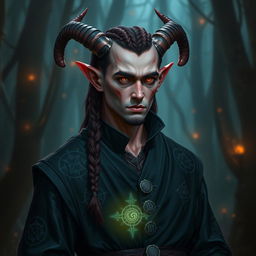 A male tiefling warlock with pale red skin and elaborate braids in his hair, dressed in a stylish, dark robe adorned with arcane symbols