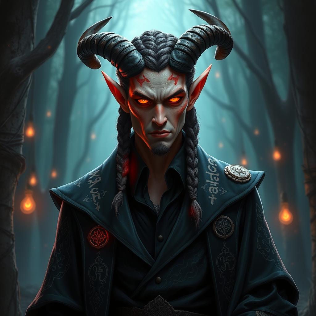 A male tiefling warlock with pale red skin and elaborate braids in his hair, dressed in a stylish, dark robe adorned with arcane symbols