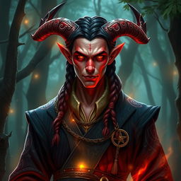 A male tiefling warlock with pale red skin and elaborate braids in his hair, dressed in a stylish, dark robe adorned with arcane symbols