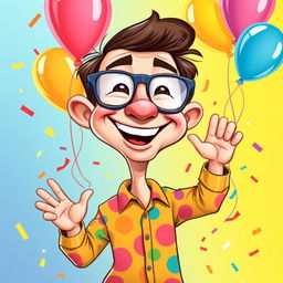 A vibrant and humorous cartoon caricature of a cheerful person, characterized by exaggerated features such as a large head, oversized glasses, and a broad smile