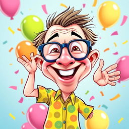 A vibrant and humorous cartoon caricature of a cheerful person, characterized by exaggerated features such as a large head, oversized glasses, and a broad smile