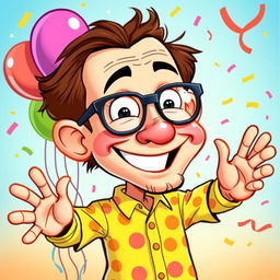 A vibrant and humorous cartoon caricature of a cheerful person, characterized by exaggerated features such as a large head, oversized glasses, and a broad smile