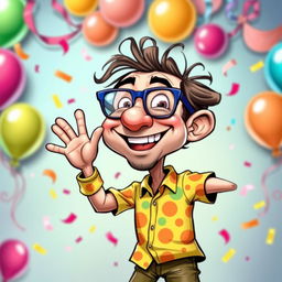 A vibrant and humorous cartoon caricature of a cheerful person, characterized by exaggerated features such as a large head, oversized glasses, and a broad smile