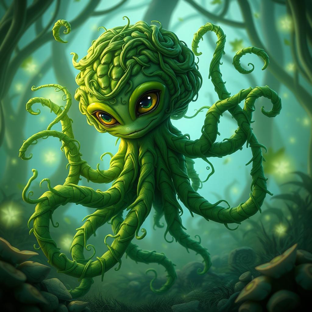 A male vine leshy creature, featuring an alien-like physique composed entirely of lush, green vines that intertwine and twist around each other