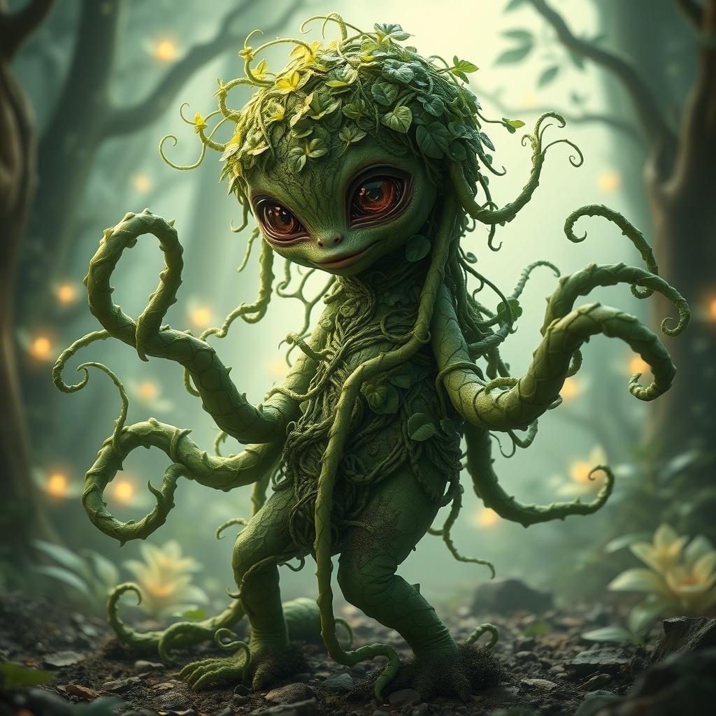 A male vine leshy creature, featuring an alien-like physique composed entirely of lush, green vines that intertwine and twist around each other